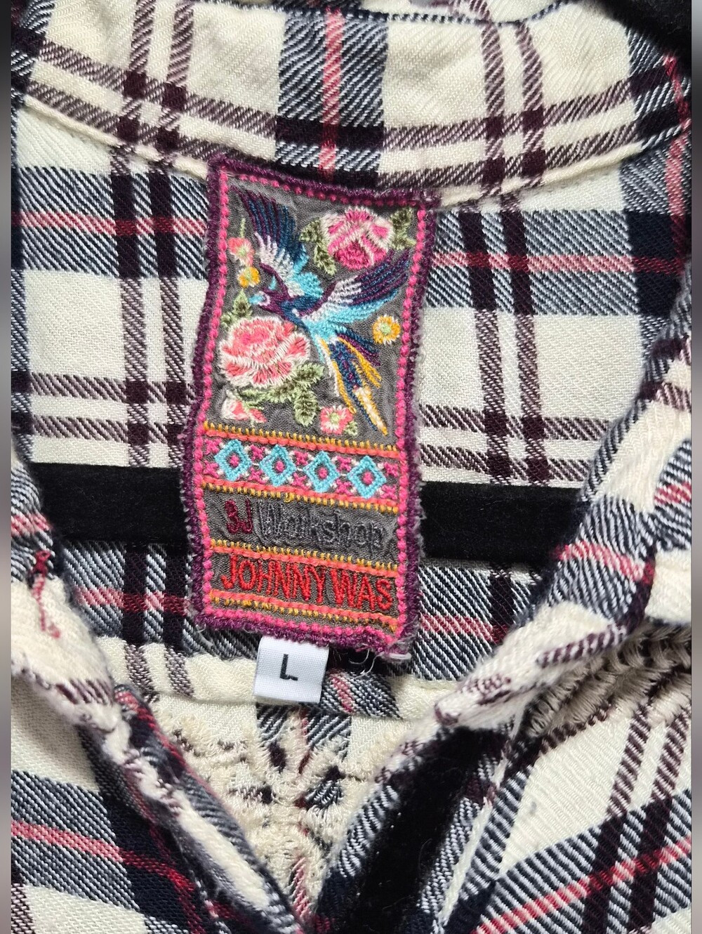 3J Workshop Johnny Was White Plaid Button-Down Shirt with Lace Embroidery Sz L - Picture 2 of 11